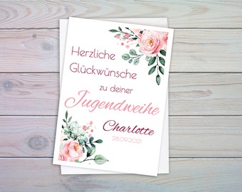 Jugendweihe Karte personalisiert für Mädchen mit Rosen in  Aquarell / Geschenke für Mädchen / Jugendweihefeier /Klappkarte mit Umschlag