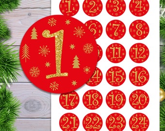 Adventskalender Aufkleber Zahlen in Rot / Zahlenaufklebe / Geschenktüten / Geschenke Adventskalender / Advent Sticker