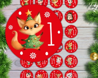 Adventskalender Zahlen Aufkleber für Kinder und Erwachsenen mit Waldtieren /rot / weiß / Adventskalender Tüten / Advent Etiketten