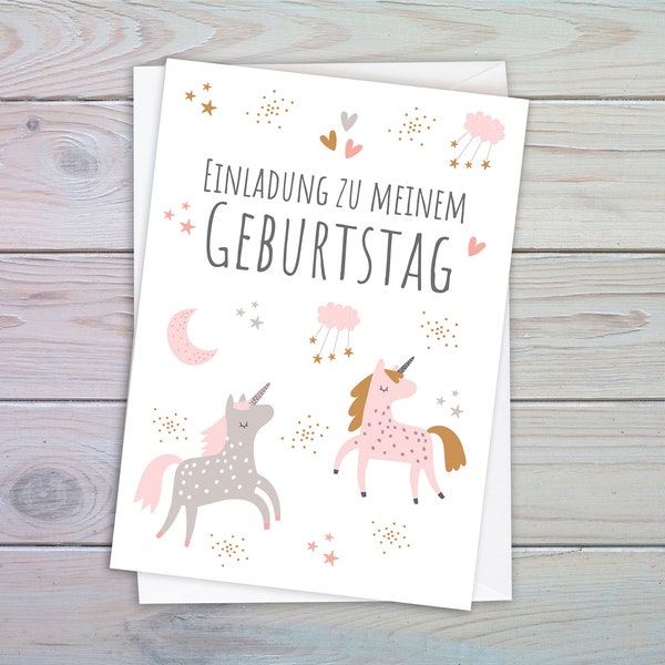 Kindergeburtstag Einladung mit Einhörnern personalisiert /Einladungskarten Pferde / Pony / Einladungskarte zum Kindergeburtstag