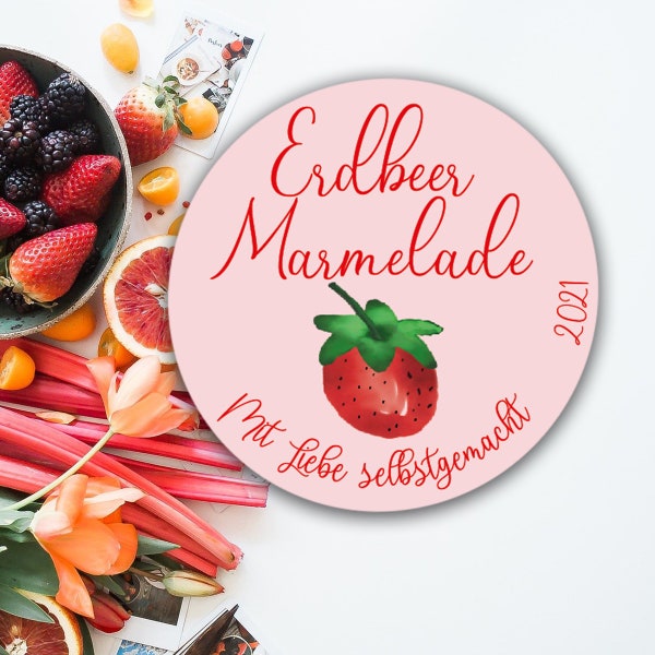 Marmelade Aufkleber, Etiketten, Sticker mit einer schönen Erdbeere in Aquarell/ 2 Größen /Rosa, Weiß / Apfelmarmelade /selbstgemacht Sticker