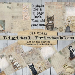 Op de afbeelding: Digitale printbare pagina's met katten in verschillende poses. De pagina's zijn ontworpen voor een boek van 10 pagina's en bevatten 5 pagina's met gestreept papier en 5 pagina's met een vintage achtergrond. De tekst "Cat Crazy Digital Printables" staat bovenaan de afbeelding. De tekst "Art by Amy Walters Treasure His Word Art" staat onder de titel.