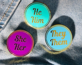 She Her Pronoun Hard Enamel Pin | He Him Pin | They Them Lapel Pin | Double Pronoun Badge