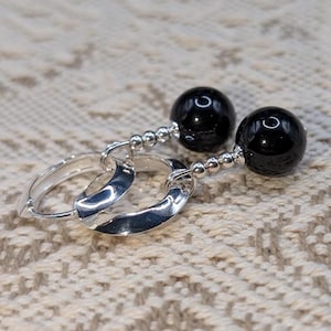 Black Tourmaline, Dragon Ball Z-inspired Potara Earrings, Sterling Silver findings, Sterling silver-plated 14mm hoops, Anime Earrings