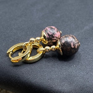Rhodonite with Matrix, DBZ inspired Potara Earrings, 14K gold-filled findings, 14K gold-plated 10mm hoops, Anime Earrings