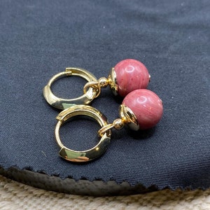 Rhodonite, DBZ inspired Potara Earrings with 14K gold findings, 14K gold-plated 12mm nickel-free hoops, Anime Earrings, Pink Potara