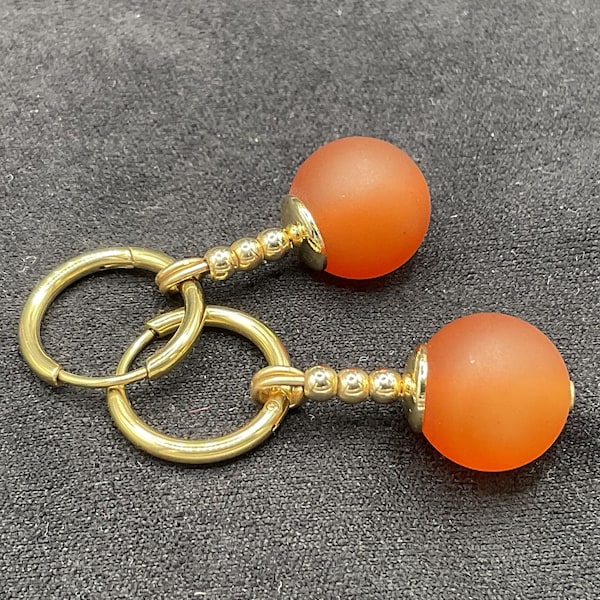 DBZ inspired Potara earrings, matte Carnelian gemstone with 14k Gold plated findings and 14k Gold plated 10mm surgical steel hoops