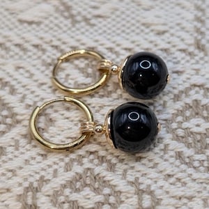 Black Onyx, Dragon Ball Z-inspired Potara Earrings, 14K gold-filled findings, 10mm 14K gold-plated surgical steel hoops