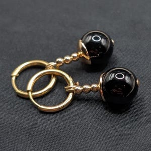 Black Onyx, Dragon Ball Z-inspired Potara Earrings, 14K gold-filled findings, 10mm 14K gold-plated surgical steel hoops