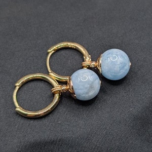 March Birthstone, Vibrant Aquamarine, DBZ inspired Potara Earrings with 14K gold findings, 14K gold-plated 14mm hoops, Anime Earrings