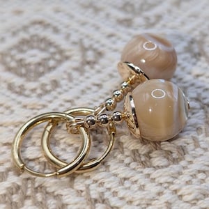 Mother of Pearl, DBZ inspired Potara Earrings with 14K gold findings, 14K gold-plated surgical steel 10mm  hoops, Anime Earrings