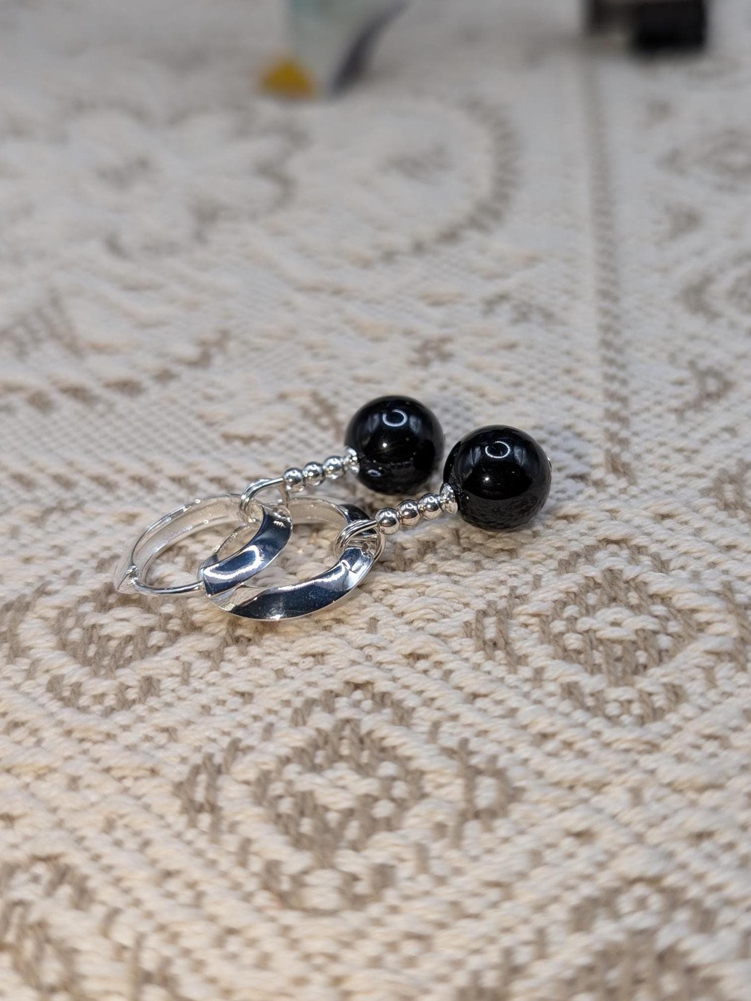 Black Tourmaline, Dragon Ball Z-inspired Potara Earrings, Sterling Silver findings, Sterling silver-plated 14mm hoops, Anime Earrings