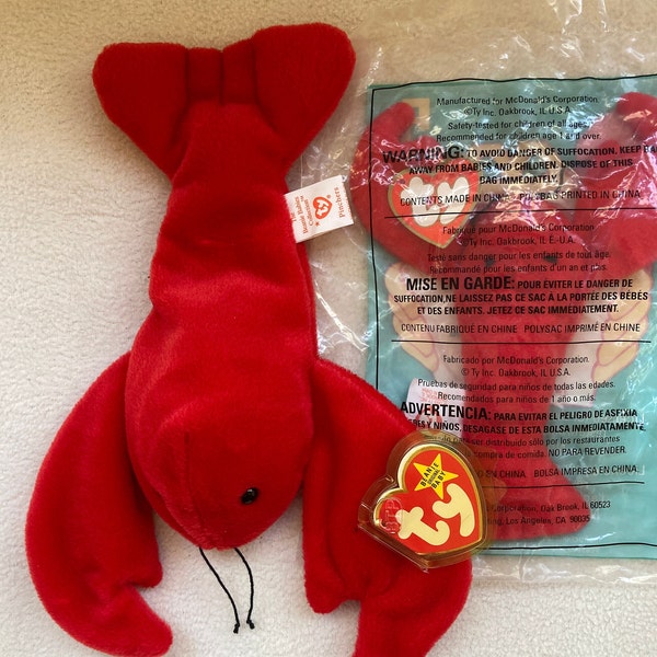 PINCHERS the LOBSTER Beanie Baby (with errors), Original 9 Beanie, includes Free Baby Pinchers