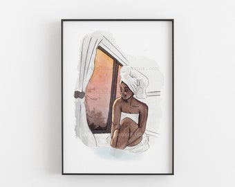 Dionne -  Bath Time Art, Relaxation Art, Sunset Art, African American Art, Head Wrap Art.