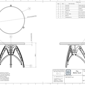 May include: Technical drawing of a tripod coffee table with a circular tabletop. The drawing includes dimensions and a parts list with part numbers and descriptions. The table is labeled "Tri-Pod Coffee Table" and the drawing is titled "The Maker Vault".
