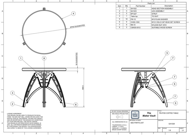 May include: Technical drawing of a tripod coffee table with a circular tabletop. The drawing includes dimensions and a parts list with part numbers and descriptions. The table is labeled "Tri-Pod Coffee Table" and the drawing is titled "The Maker Vault".