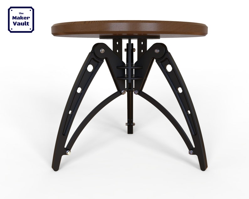 May include: A small, round wooden table with a black metal base. The base is made of three legs that are connected by hinges. The table is designed to fold up for easy storage.