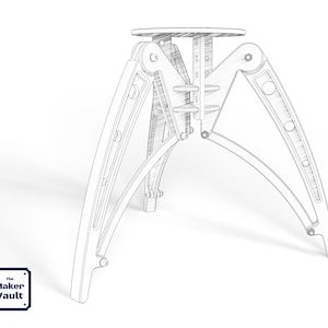 May include: Line drawing of a three-legged stool with a round top. The stool is made of metal and has a unique, articulated design.