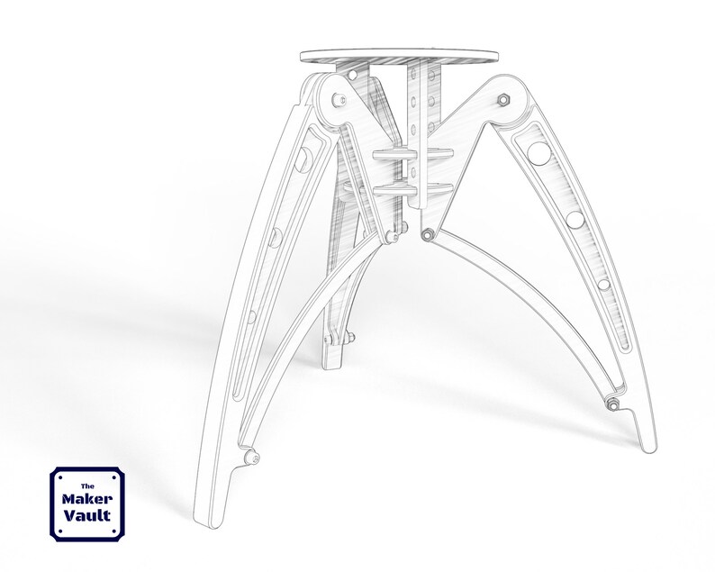 May include: Line drawing of a three-legged stool with a round top. The stool is made of metal and has a unique, articulated design.