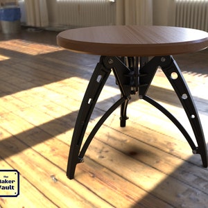 May include: A black metal stool with a wooden top. The stool has a unique, adjustable design with multiple legs that fold and extend.