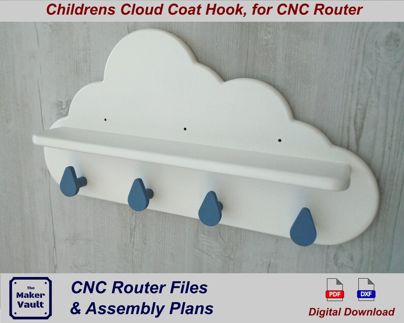 May include: White cloud-shaped coat rack with a shelf and four blue raindrop-shaped hooks. CNC Router Files & Assembly Plans. Digital Download. PDF and DXF files.