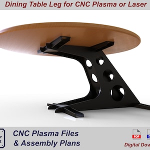 May include: CNC plasma files and assembly plans for a dining table leg. The leg is made of black metal and has a unique design with holes and a curved shape. The table top is made of wood and is supported by the metal leg.