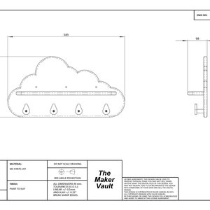 May include: A white cloud-shaped coat rack with four hooks and a shelf. The rack is 23.75 inches wide and 12 inches tall. The drawing includes the text "The Maker Vault" and a license agreement.