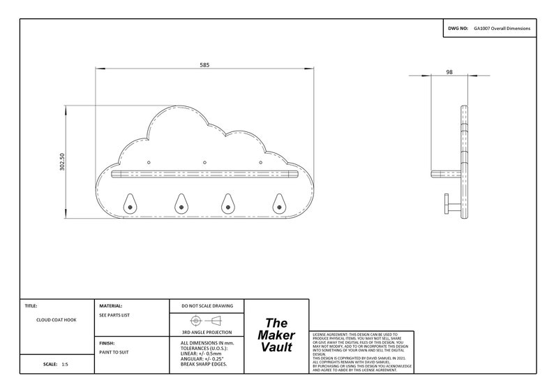 May include: A white cloud-shaped coat rack with four hooks and a shelf. The rack is 23.75 inches wide and 12 inches tall. The drawing includes the text "The Maker Vault" and a license agreement.