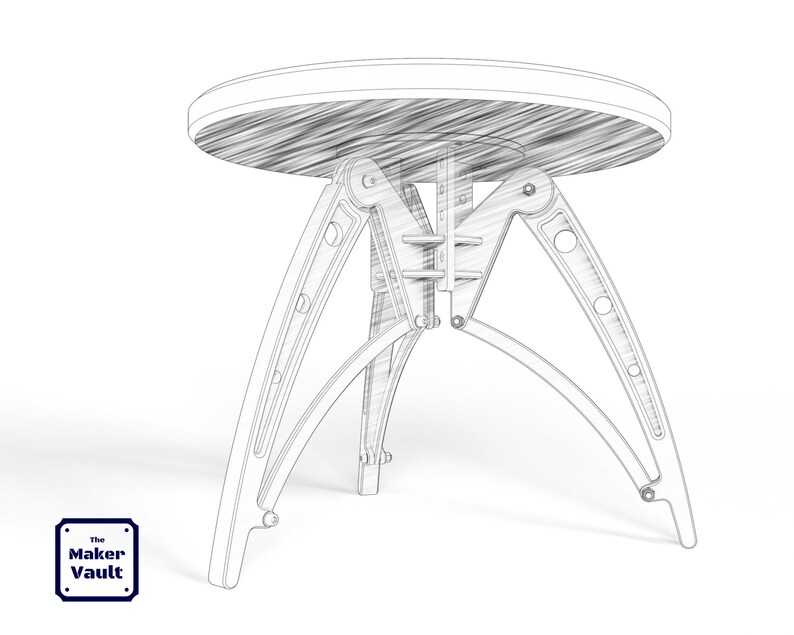 May include: A line drawing of a small, round table with a unique, articulated, tripod base. The table is made of wood and has a simple, modern design.