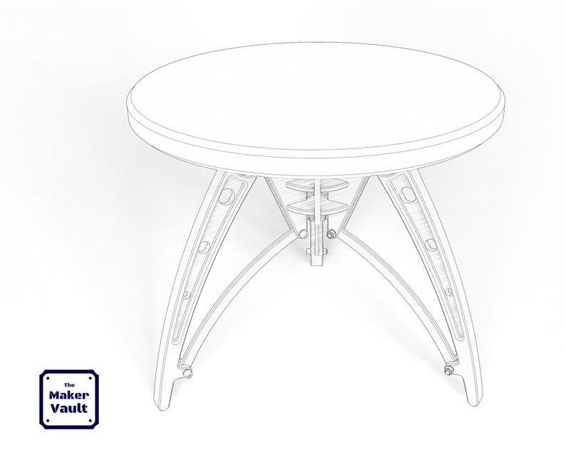 May include: Line drawing of a round table with a unique tripod base. The table is made of wood and has a simple, modern design.