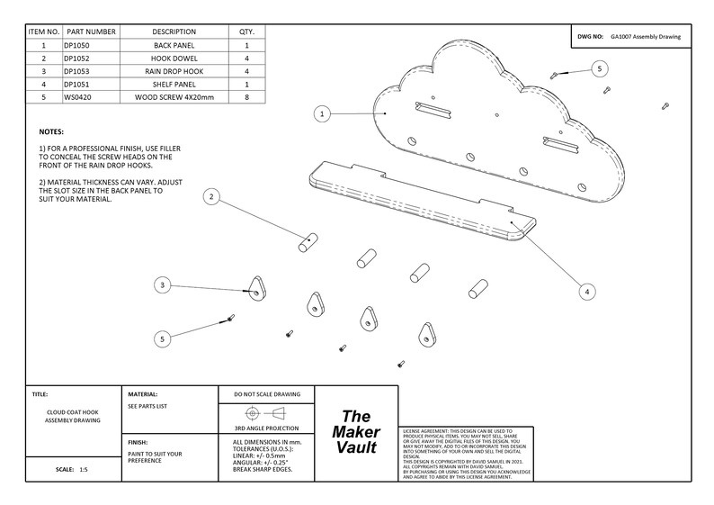 May include: Assembly drawing for a cloud-shaped coat hook. The drawing shows the individual parts, including the back panel, hook dowel, rain drop hook, shelf panel, and wood screws. The drawing also includes notes for assembly and material thickness.