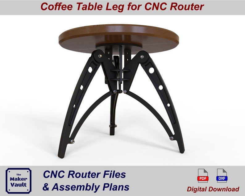 May include: CNC router files and assembly plans for a coffee table leg. The leg is made of black metal and has a unique, articulated design. The plans include PDF and DXF files for digital download.