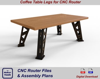 May include: CNC router files and assembly plans for building coffee table legs. The plans include a PDF and DXF file for digital download. The image shows a wooden table top with black metal legs.