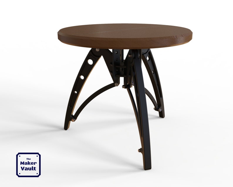 May include: A round wooden table with a black metal base. The base is made of multiple pieces of metal that are connected together with hinges. The table is about 2 feet in diameter.