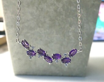 Purple Amethyst Clavicle Necklace,Garnet Crystal Necklace,Silver plated chain,Lavender Bridesmaid Gift,Anniversary,For Her,Crystal Charm