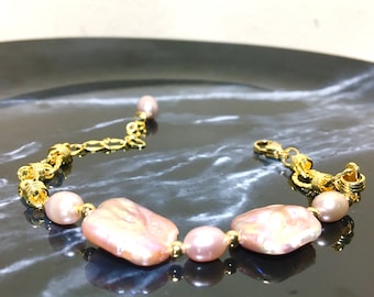 Pulsera de perlas barrocas: bañada en oro, joyería de perlas de agua dulce