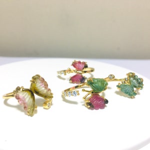 Butterfly Watermelon Tourmaline Ring: Gold Plated 925 Silver, Adjustable
