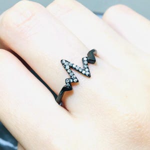 Moissanite Heartbeat Ring: Black Gold Plated Sterling Silver Band