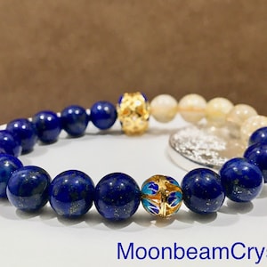 Blue Lapis Lazuli Lazurit/ Golden Rutilated Quartz Crystal Bracelet, Gift for Her, Birthday Gift, Healing Crystals, Enamel, Valentine&#39;s Day