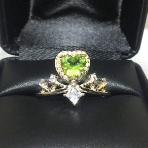 Handmade Sterling Silver Peridot Heart Ring: Princess Crown Design