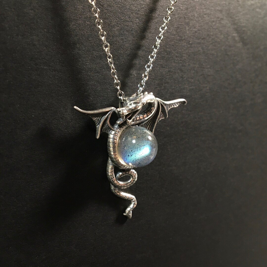 Luminous Grey Moonstone Dragon Pendant Handmade Sterling Silver