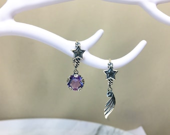 Pendientes de plata de ley con estrella de amatista: joyas asimétricas con alas de ángel