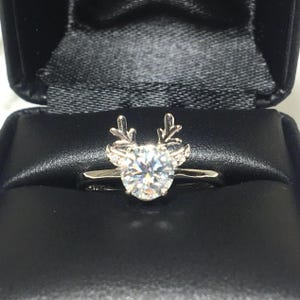 Cute Fawn Deer Horn Moissanite Halo 1ct Ring, White Moissanite Ring,Anniversary Engagement,Sterling Silver Rings,Gift for her,Birthday Gift