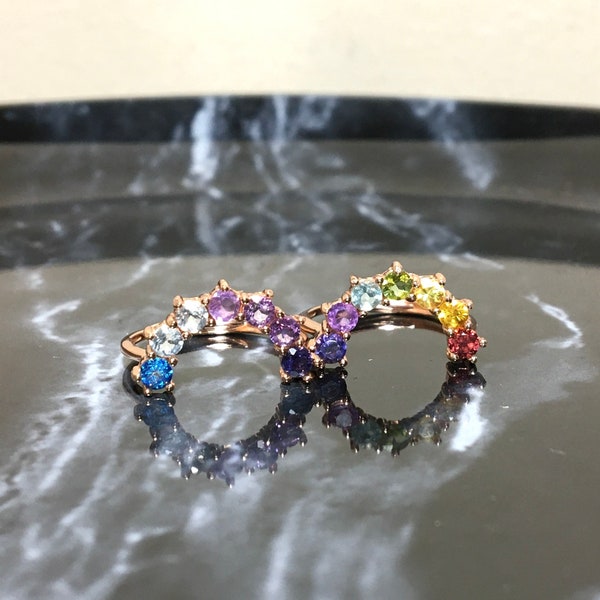 Unique Rainbow Multi-Gemstone Ring, Arch Ring, Rose Gold-Plated silver - Rare Crystal Iolite, Amethyst, Topaz, Peridot, Garnet, Aquamarine