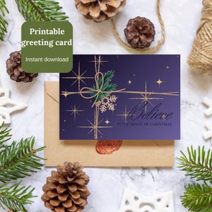 Tarjeta imprimible Believe Christmas, tarjeta de felicitación azul, Believe in the Magic of Christmas