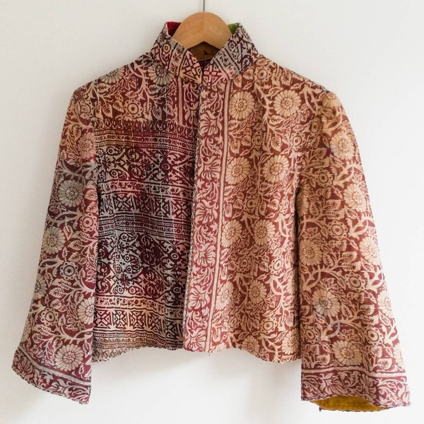 Kantha Jacket | 'Brinjal & Marigold Block Print' | Handmade Recycled Indian Quilted Cotton Jacket |