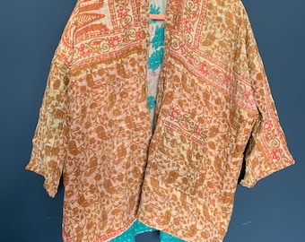 Erin Jacket | Kimono style Kantha robe | Size Large | Handmade Recycled Indian Quilted Cotton Kantha Jacket |