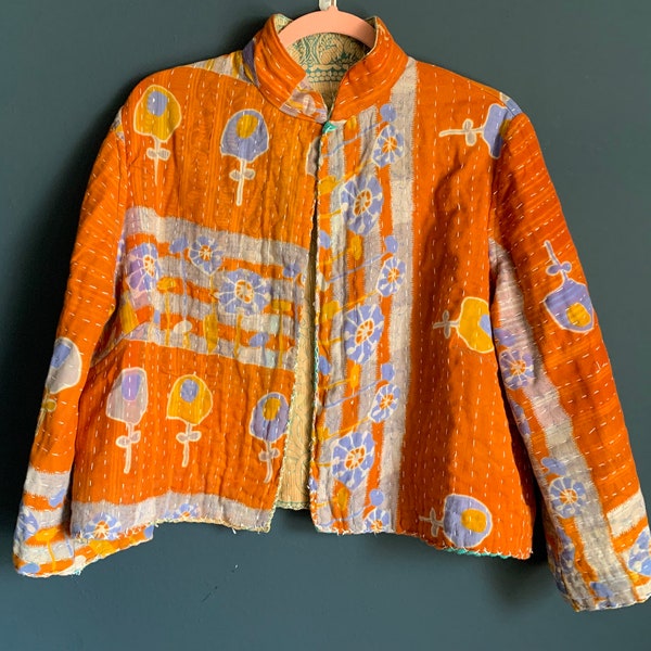 Etta Jacket | 'Orange Poppy // Peacock Blue' | Size Medium | Handmade Recycled Indian Quilted Cotton Kantha Jacket |