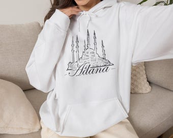 Felpa con cappuccio con scritta "Adana Skyline" / Illustrazione del profilo della moschea