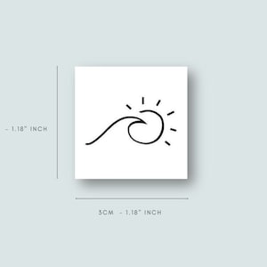 May include: A black and white line drawing of a wave and sun on a white background. The image is 3 cm by 3 cm.